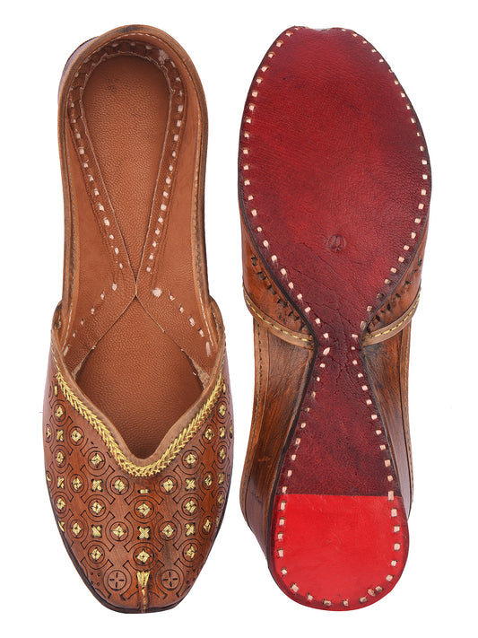 DESI COLOUR Women Brown Embellished Leather Handcrafted Mojaris