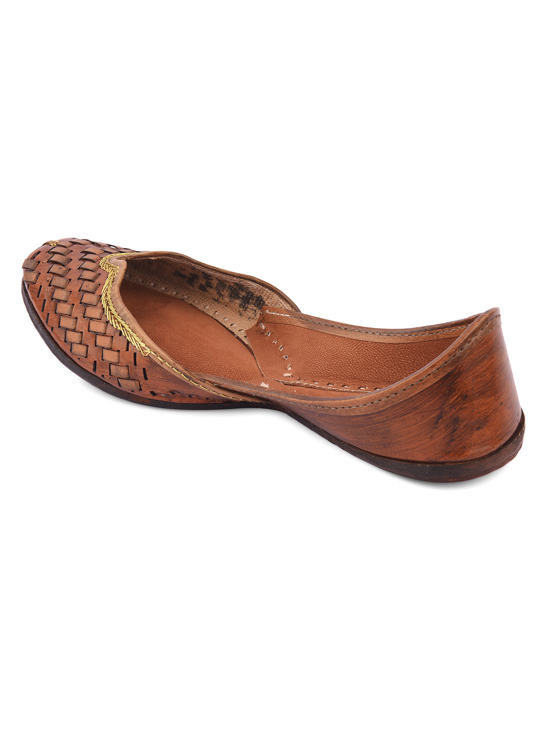 DESI COLOUR Women Brown Embellished Leather Mojaris