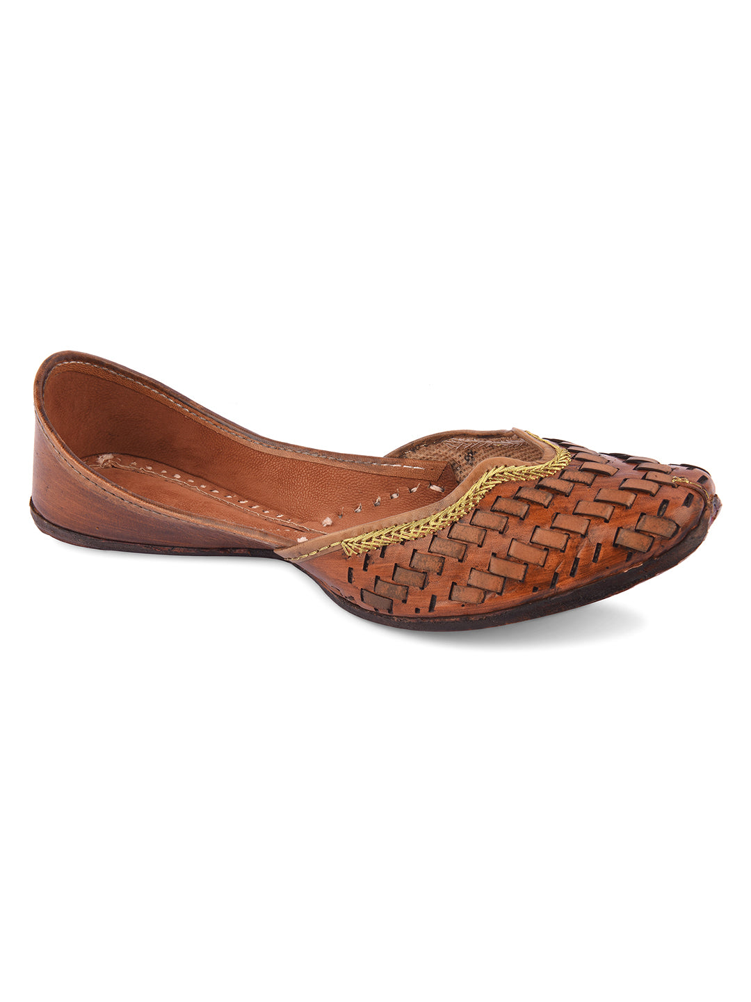DESI COLOUR Women Brown Embellished Leather Mojaris