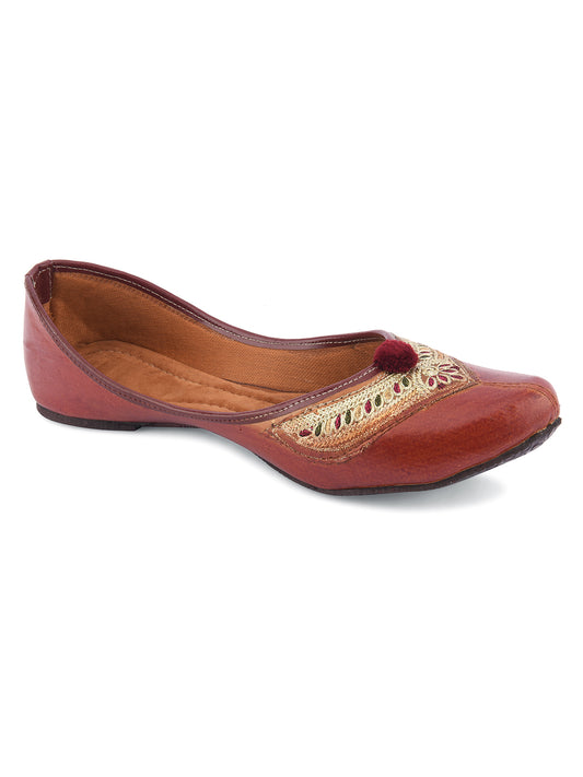 DESI COLOUR Women Brown Embellished Mojaris