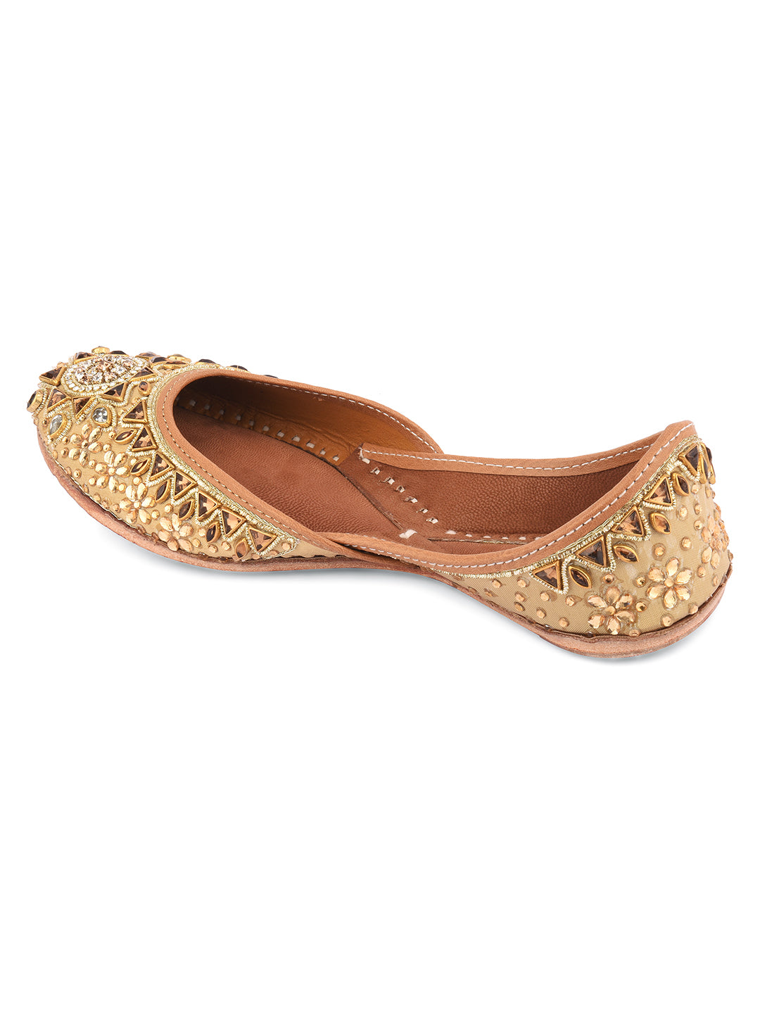 DESI COLOUR Women Gold-Toned Embellished Leather Mojaris