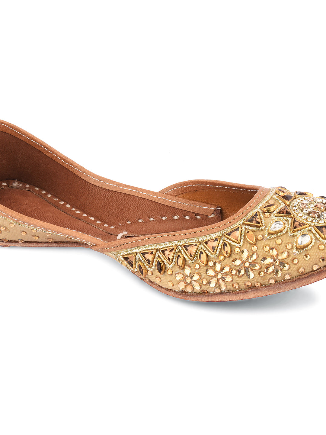 DESI COLOUR Women Gold-Toned Embellished Leather Mojaris