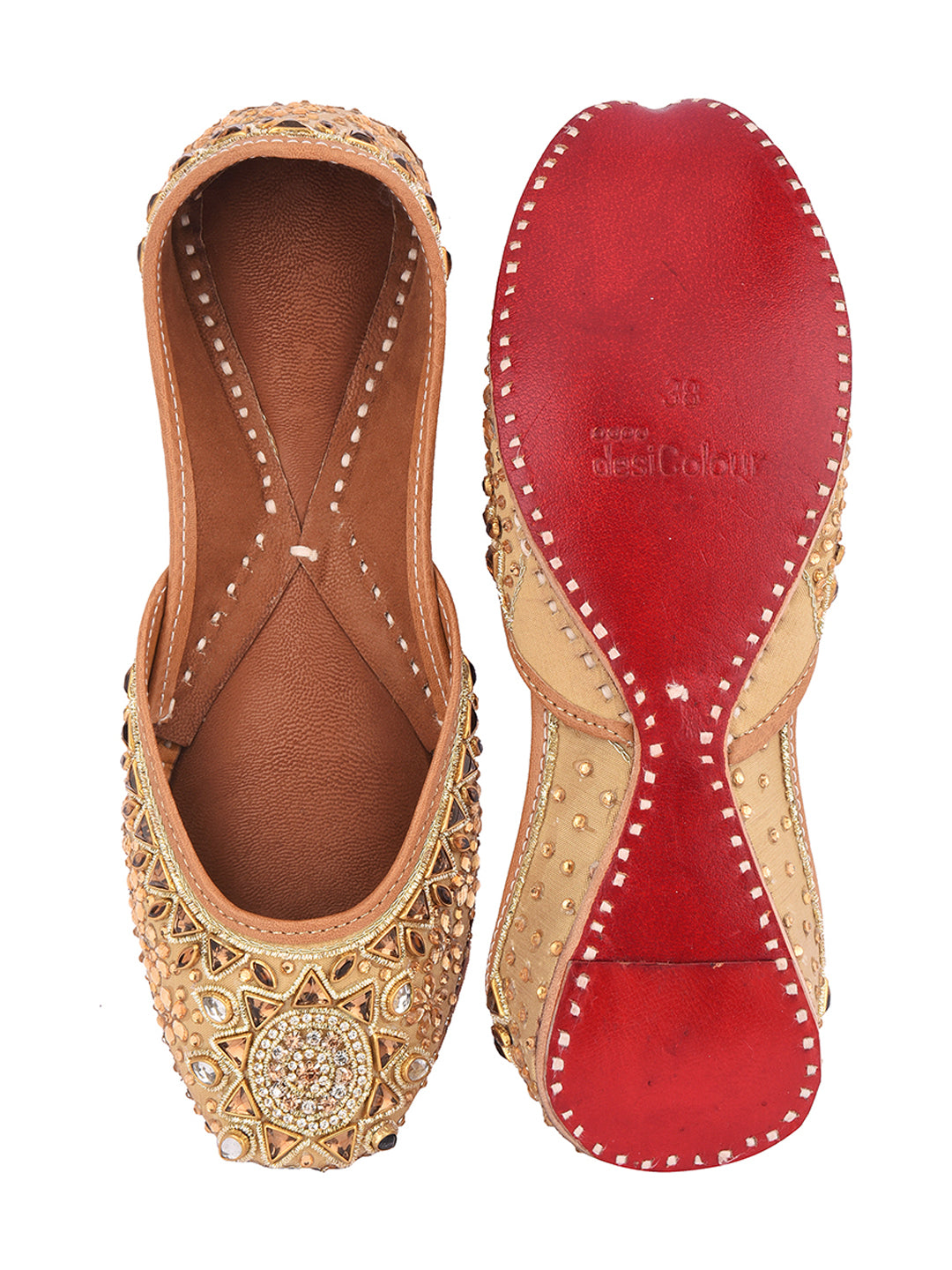 DESI COLOUR Women Gold-Toned Embellished Leather Mojaris