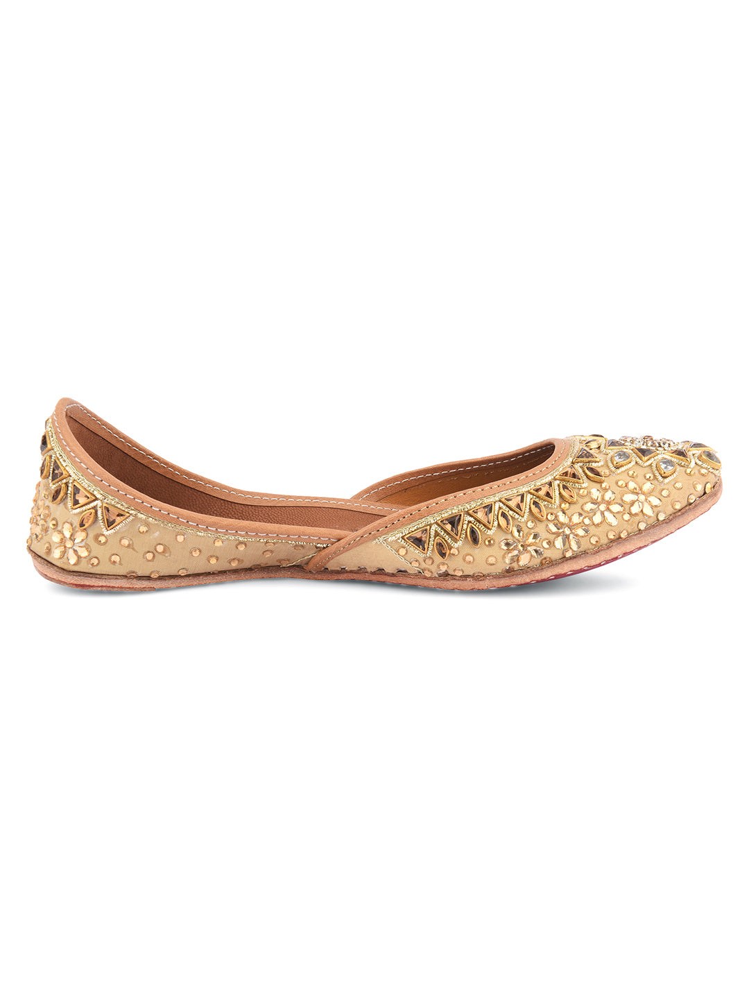 DESI COLOUR Women Gold-Toned Embellished Leather Mojaris