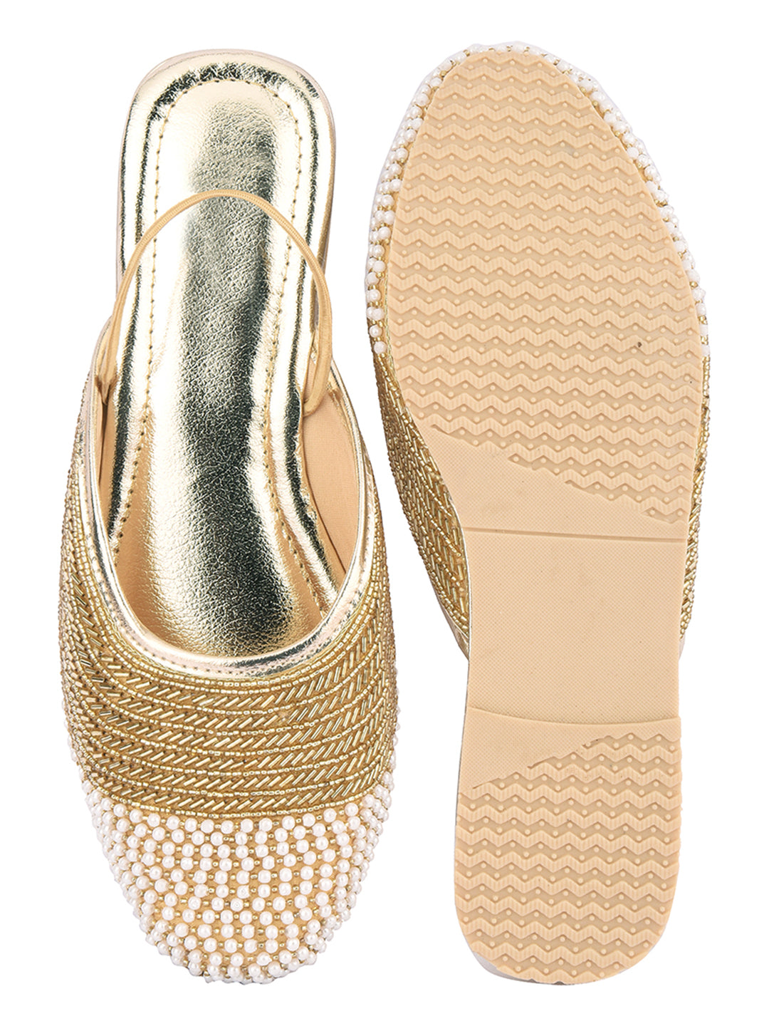 DESI COLOUR Women Gold-Toned Embellished Canvas Mules