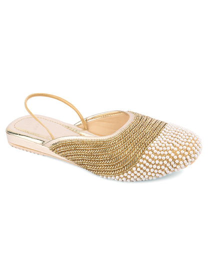 DESI COLOUR Women Gold-Toned Embellished Canvas Mules