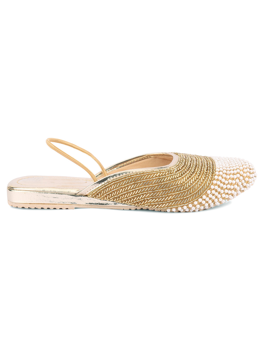 DESI COLOUR Women Gold-Toned Embellished Canvas Mules