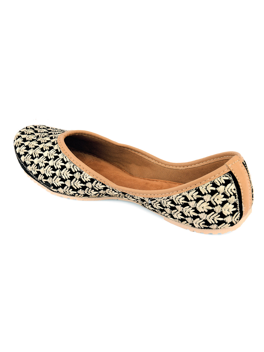 Women Black Printed Leather Ethnic Mojaris Flats