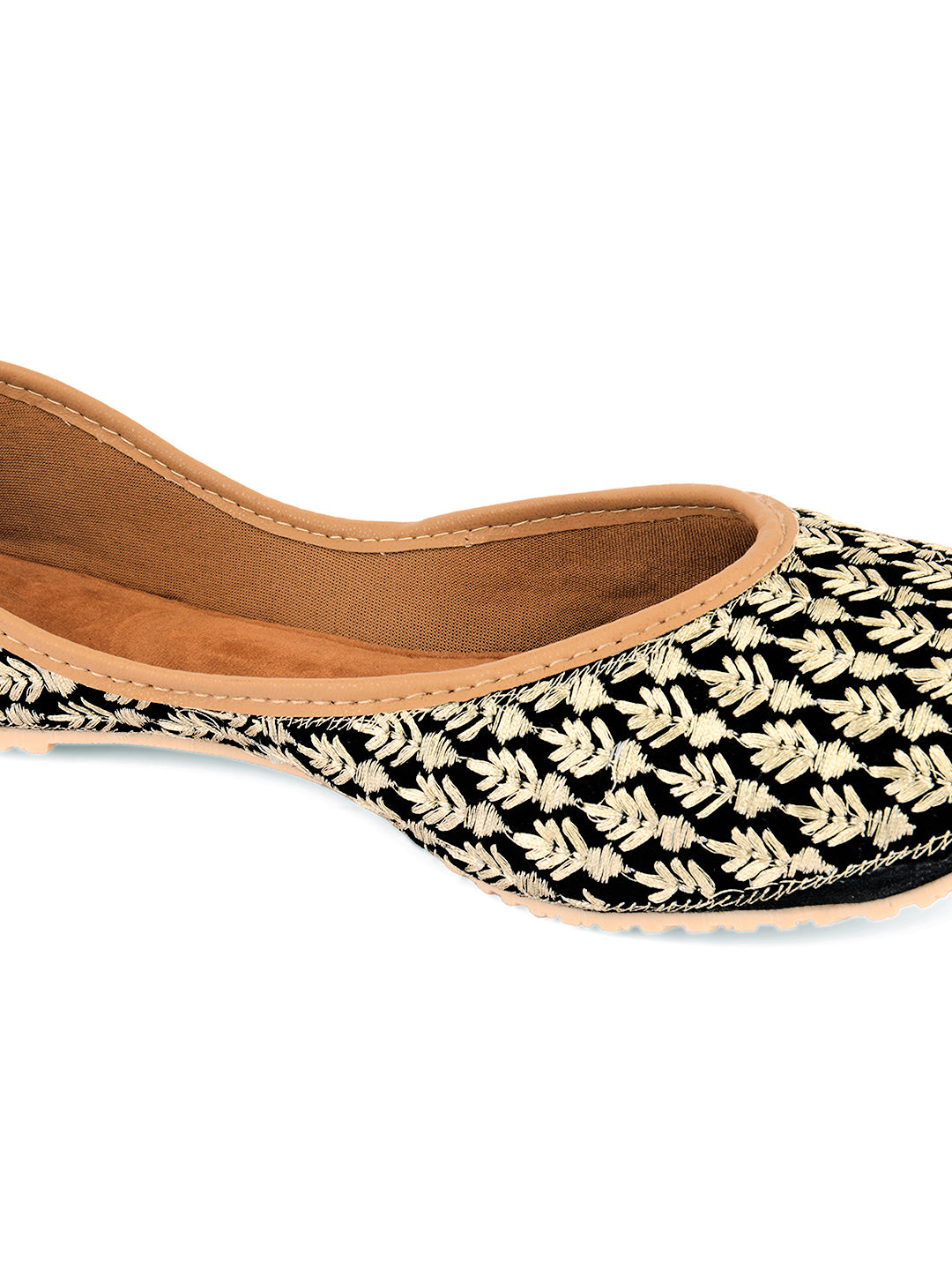 Women Black Printed Leather Ethnic Mojaris Flats
