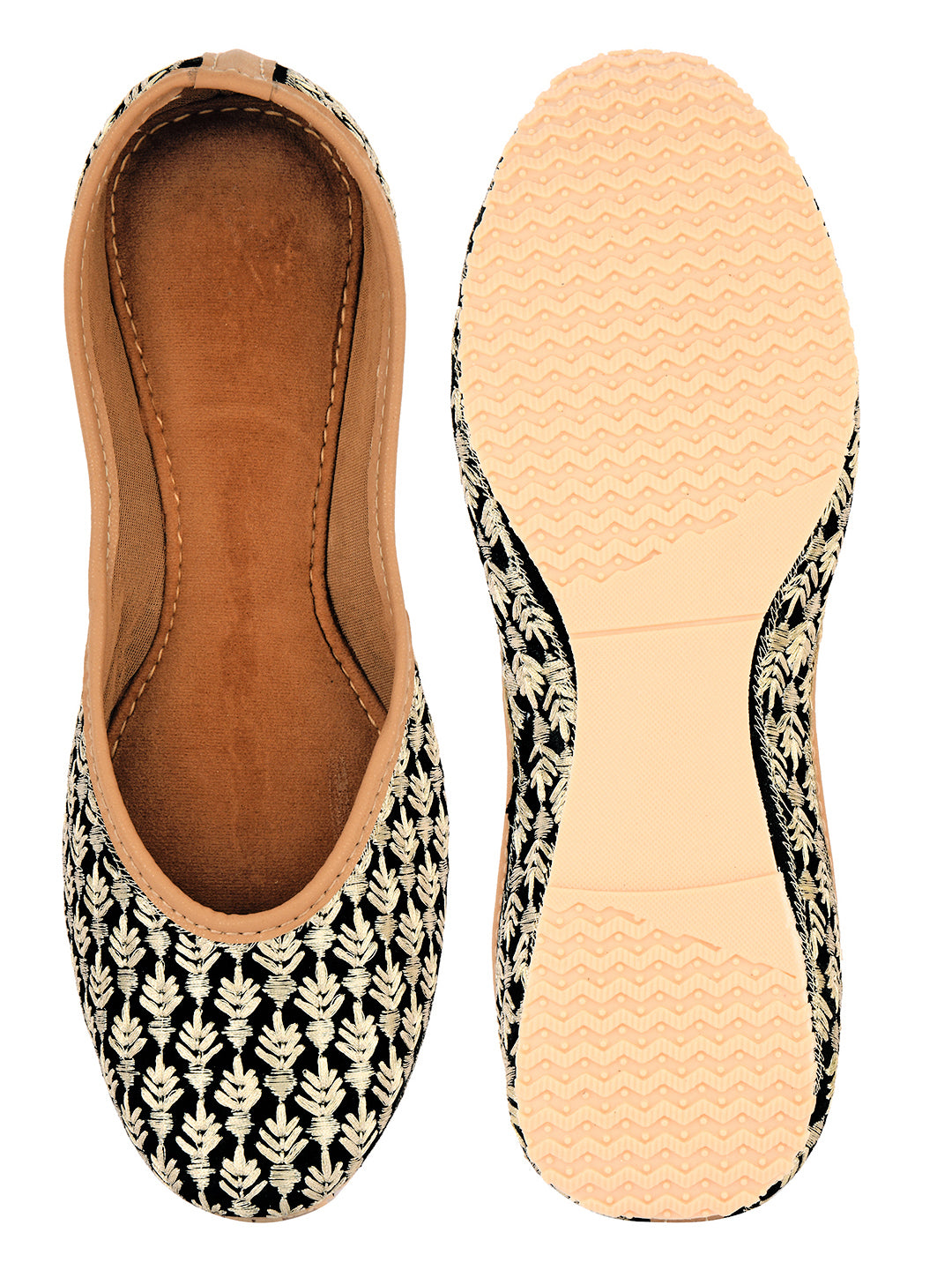 Women Black Printed Leather Ethnic Mojaris Flats