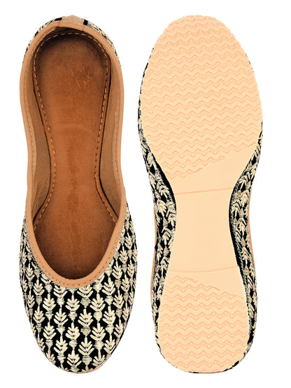 Women Black Printed Leather Ethnic Mojaris Flats