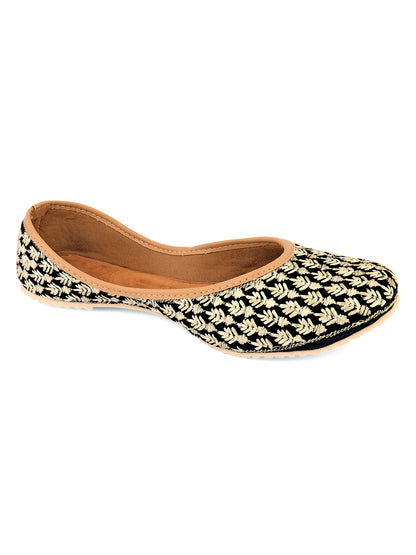 Women Black Printed Leather Ethnic Mojaris Flats