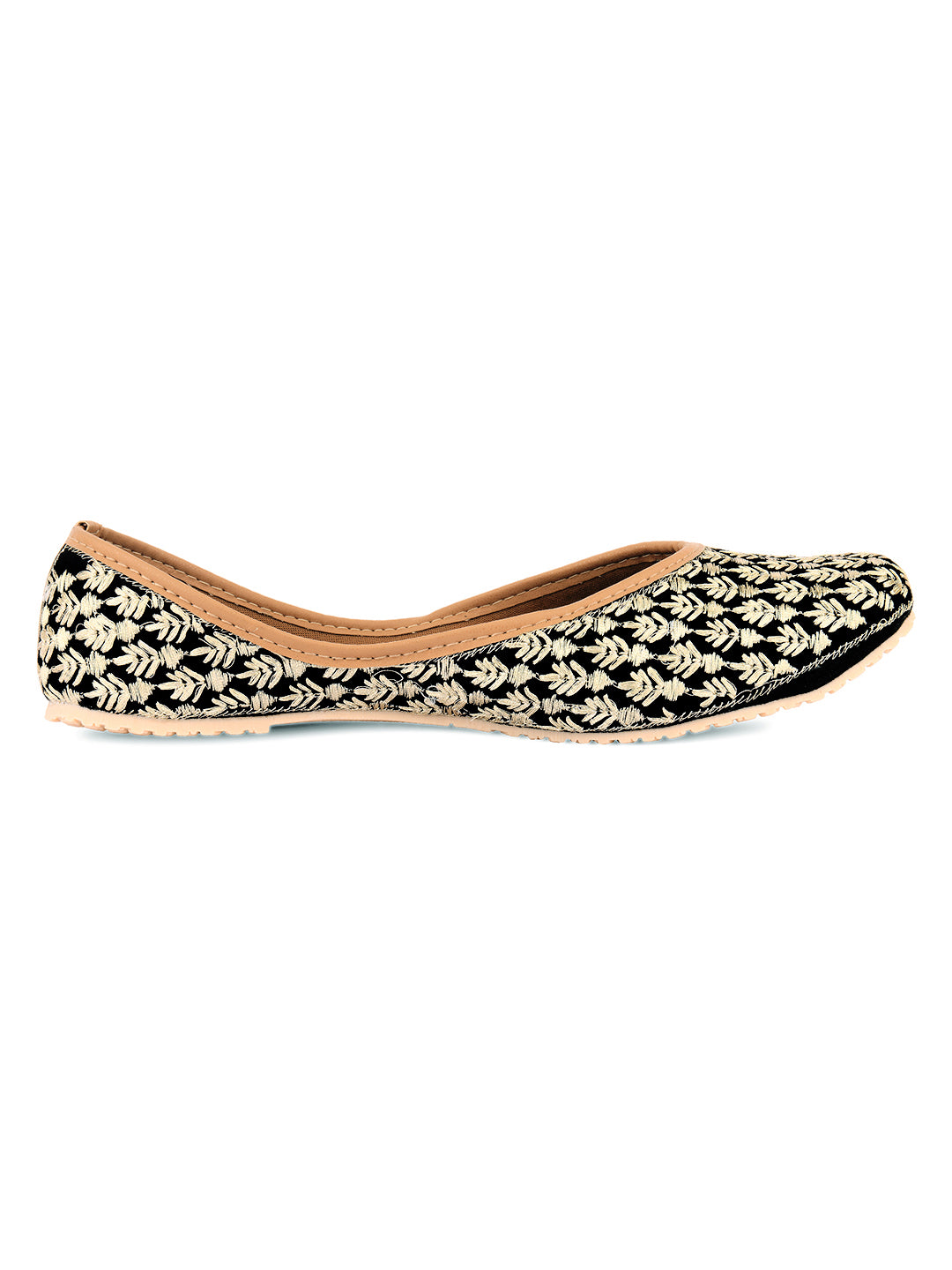 Women Black Printed Leather Ethnic Mojaris Flats