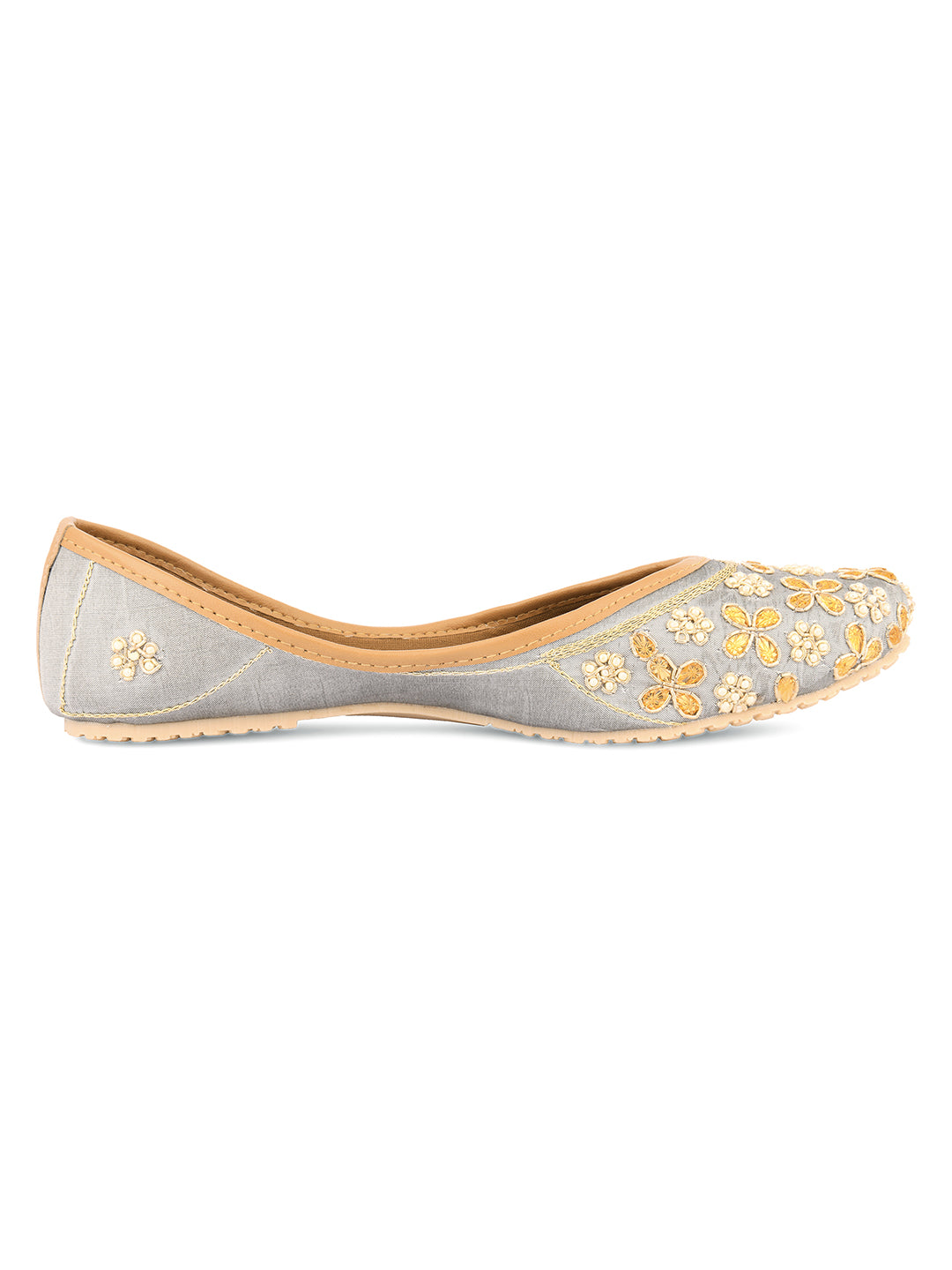 DESI COLOUR Women Grey Floral Embellished Mojaris