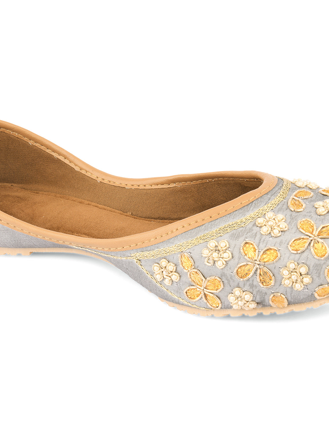 DESI COLOUR Women Grey Floral Embellished Mojaris