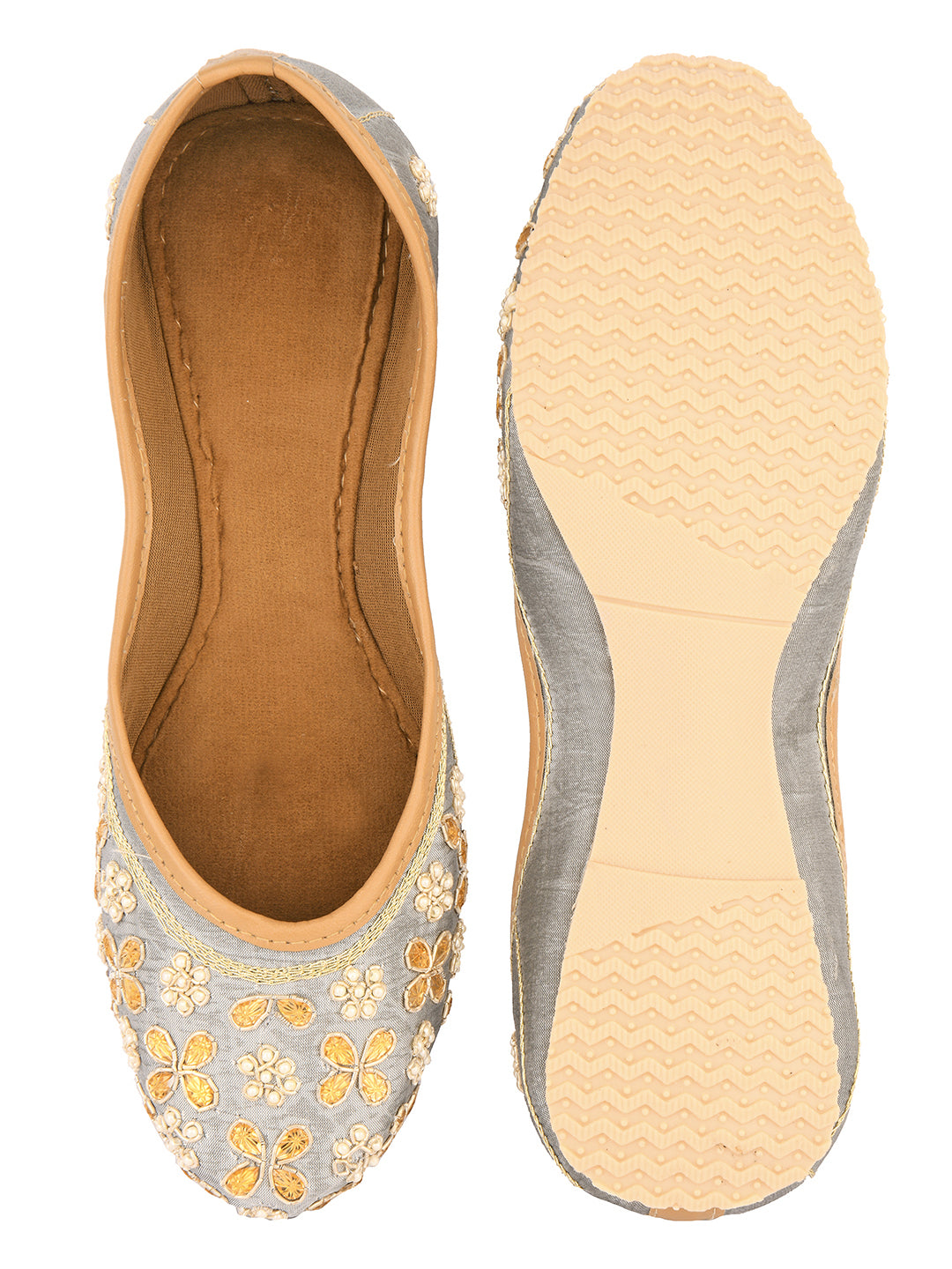DESI COLOUR Women Grey Floral Embellished Mojaris