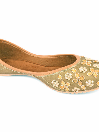 DESI COLOUR Women Olive Green Embellished Mojaris
