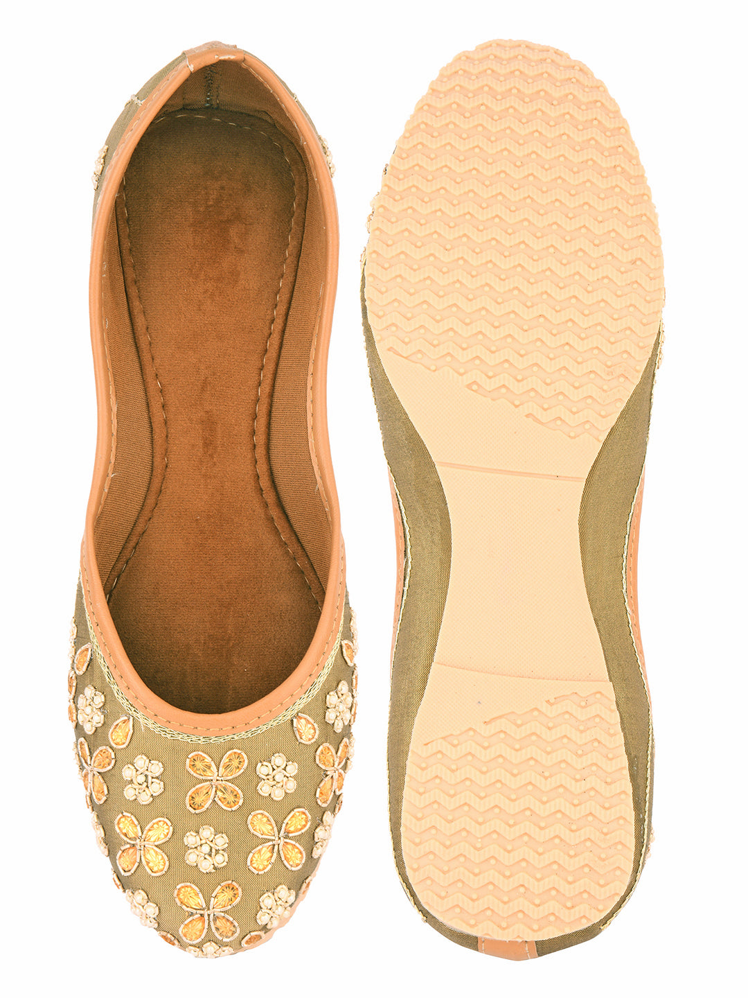 DESI COLOUR Women Olive Green Embellished Mojaris
