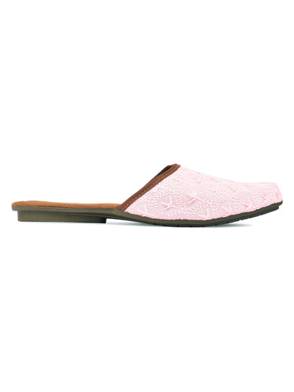 DESI COLOUR Women Maroon Embellished Mules with Laser Cuts Flats