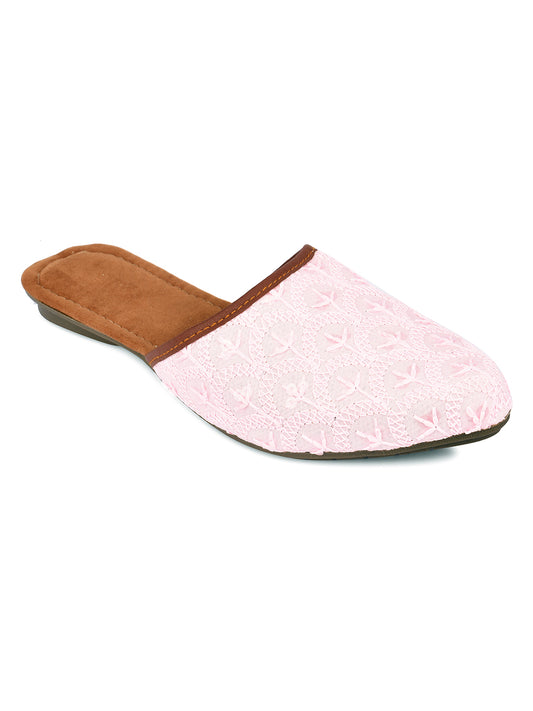 DESI COLOUR Women Pink Embroidered Mules Flats
