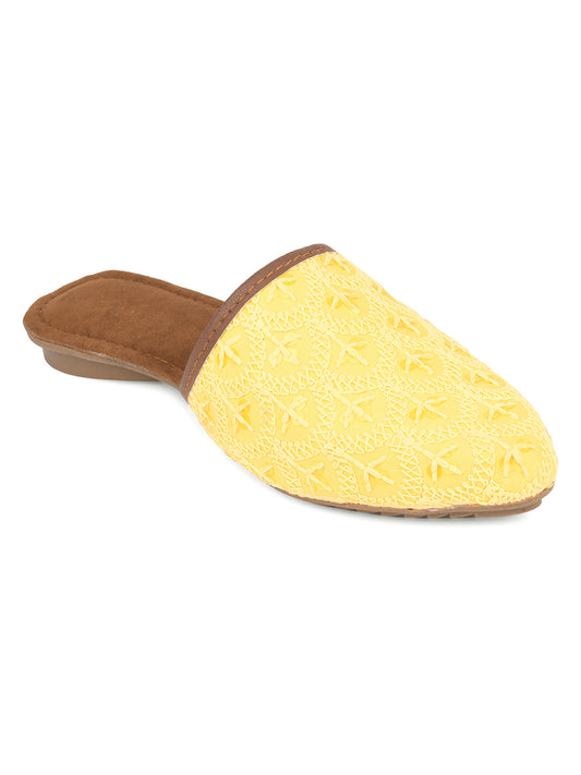 DESI COLOUR Women Yellow Embroidered Mules Flats