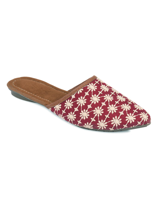 DESI COLOUR Women Red Embellished Mules Flats