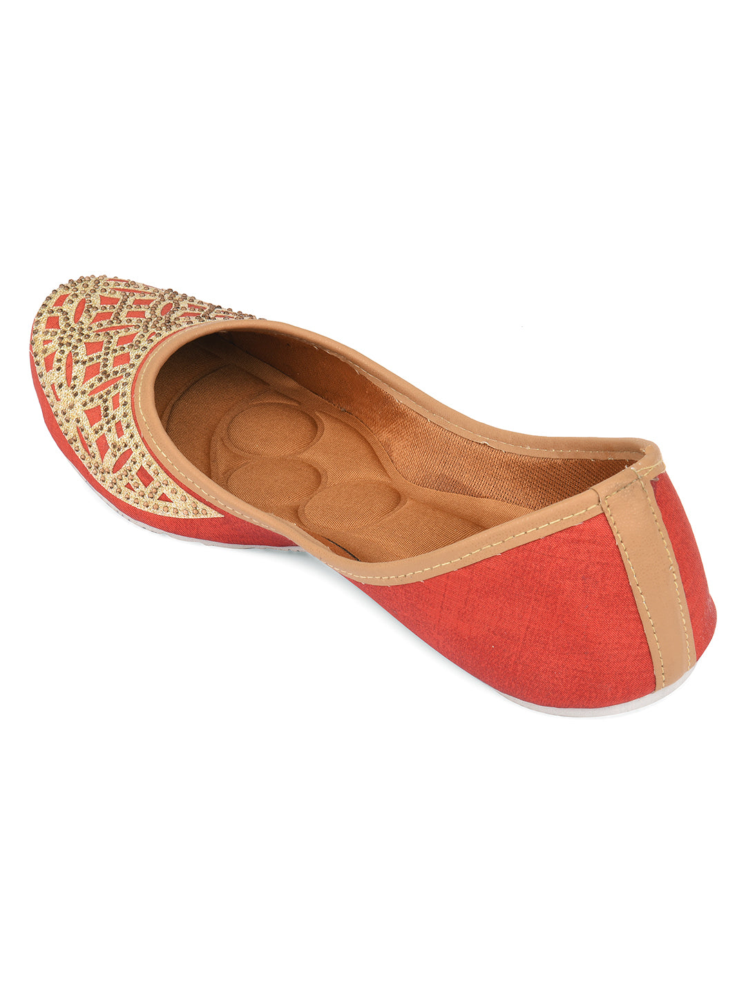 DESI COLOUR Women Red Embellished Mojaris with Laser Cuts Flats