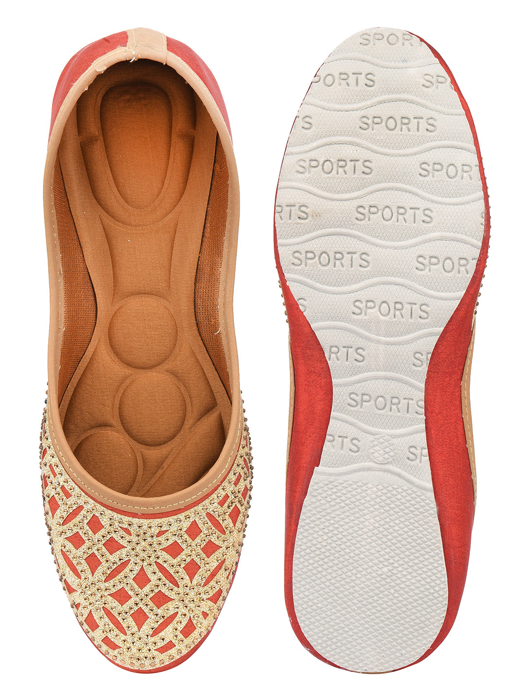 DESI COLOUR Women Red Embellished Mojaris with Laser Cuts Flats