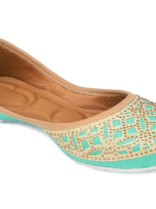 DESI COLOUR Women Red Embellished Mojaris with Laser Cuts Flats