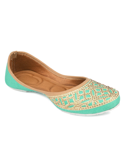 DESI COLOUR Women Red Embellished Mojaris with Laser Cuts Flats