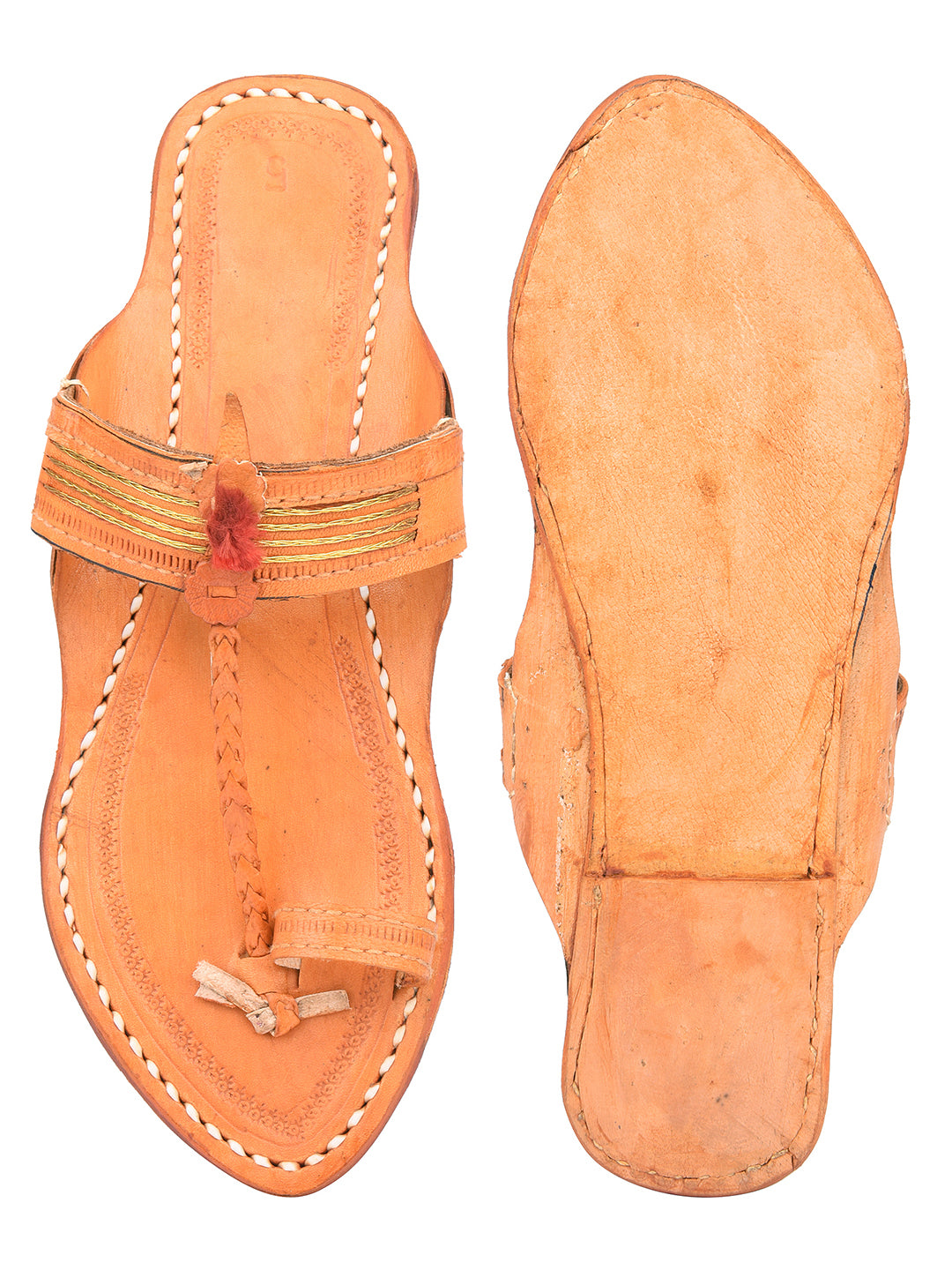 DESI COLOUR Women Tan Brown Textured Leather Ethnic One Toe Flats