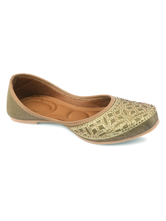 DESI COLOUR Women Olive Green Embellished Ethnic Mojaris Flats