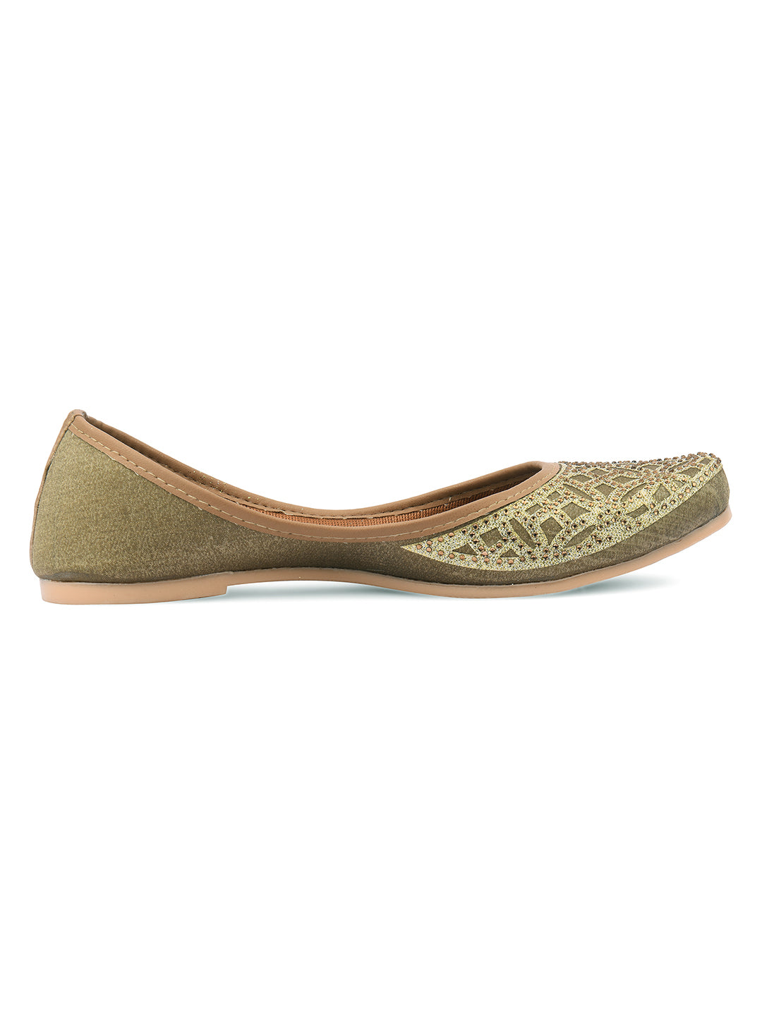 DESI COLOUR Women Olive Green Embellished Ethnic Mojaris Flats