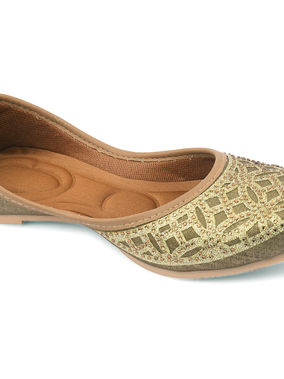 DESI COLOUR Women Olive Green Embellished Ethnic Mojaris Flats