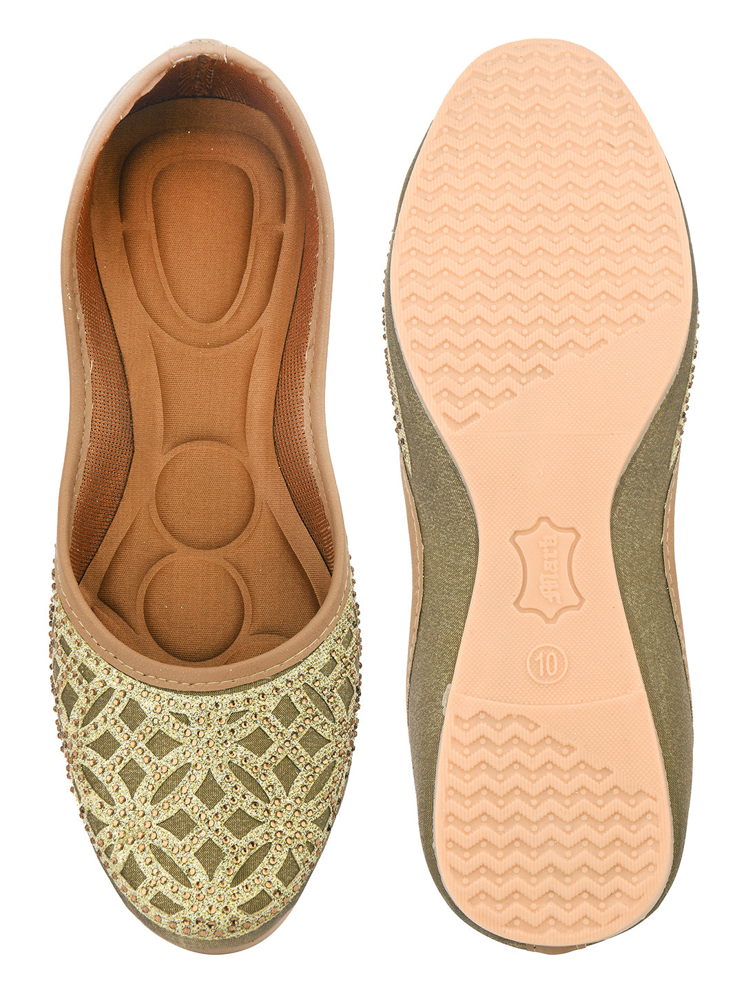 DESI COLOUR Women Olive Green Embellished Ethnic Mojaris Flats