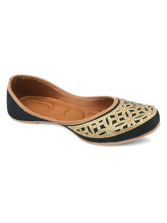 DESI COLOUR Women Black Printed Mojaris Flats