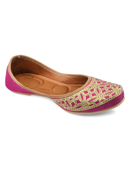 DESI COLOUR Women Pink Mojaris with Embroidered Flats