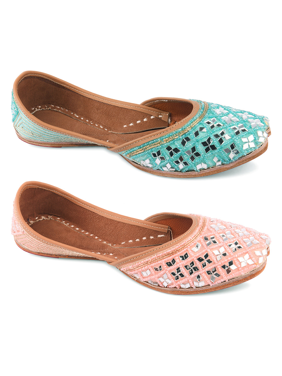 DESI COLOUR Women Blue  PInk Embellished Leather Ethnic Mojaris