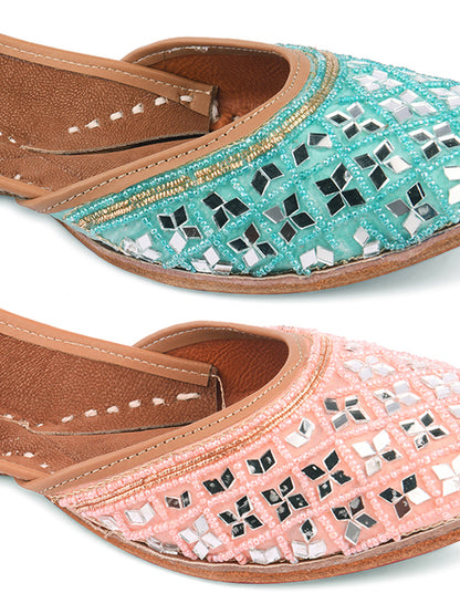 DESI COLOUR Women Blue  PInk Embellished Leather Ethnic Mojaris