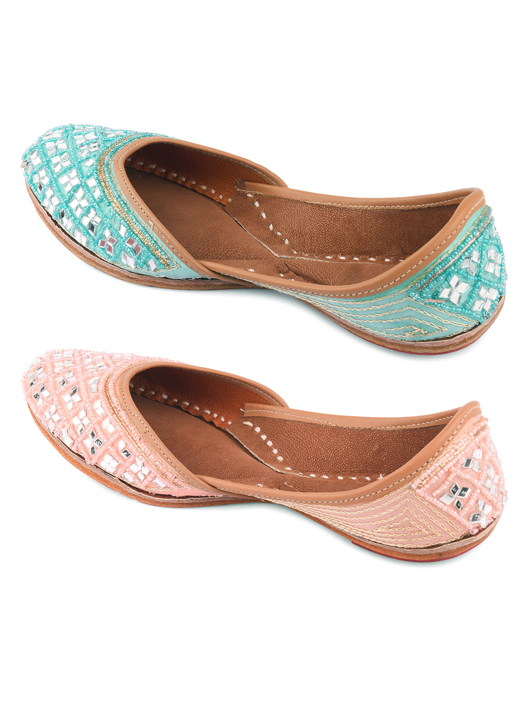 DESI COLOUR Women Blue  PInk Embellished Leather Ethnic Mojaris