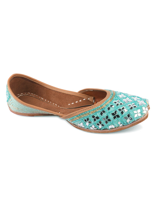 DESI COLOUR Women Sea Green Printed Leather Ethnic Mojaris Flats