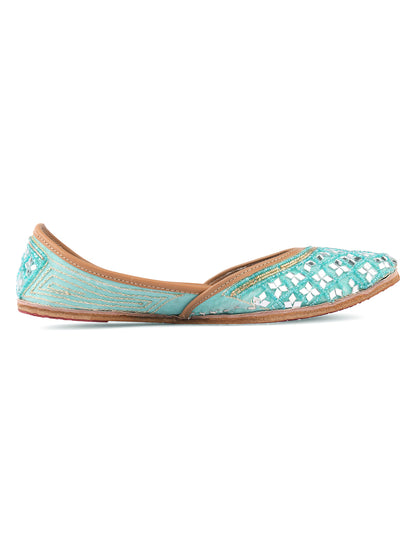 DESI COLOUR Women Sea Green Printed Leather Ethnic Mojaris Flats