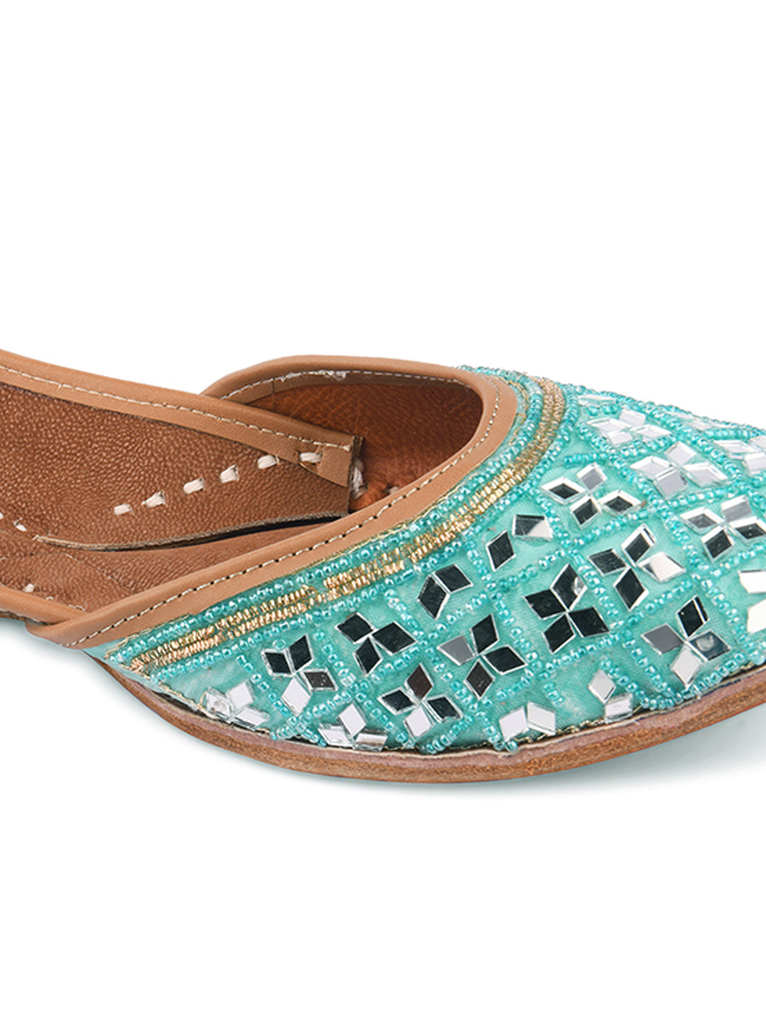 DESI COLOUR Women Sea Green Printed Leather Ethnic Mojaris Flats