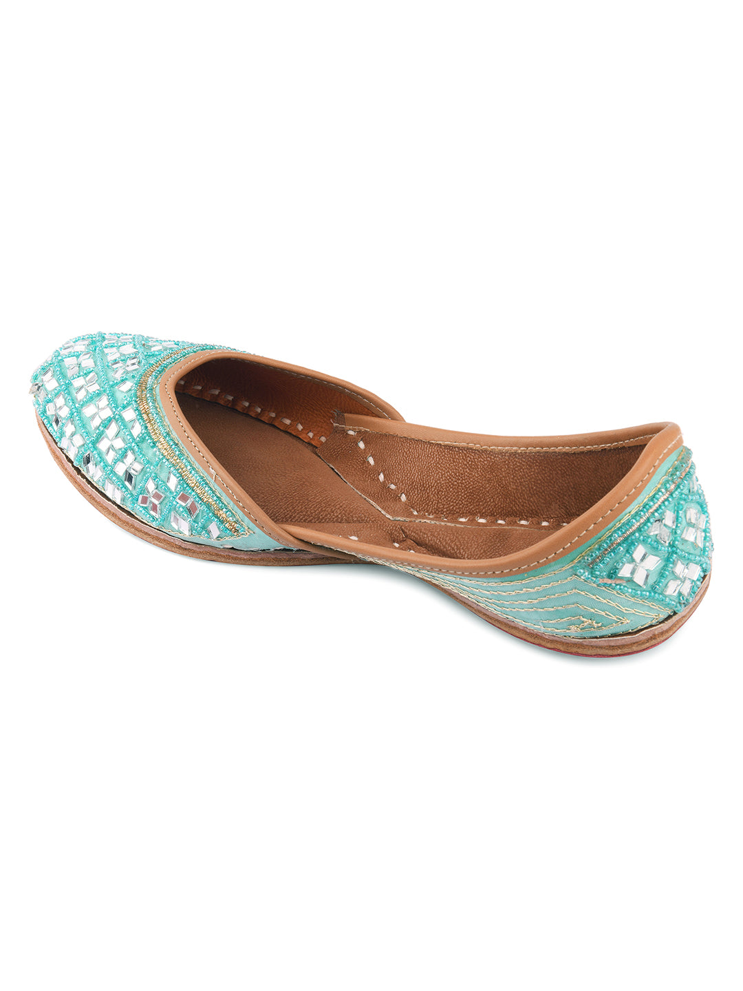 DESI COLOUR Women Sea Green Printed Leather Ethnic Mojaris Flats