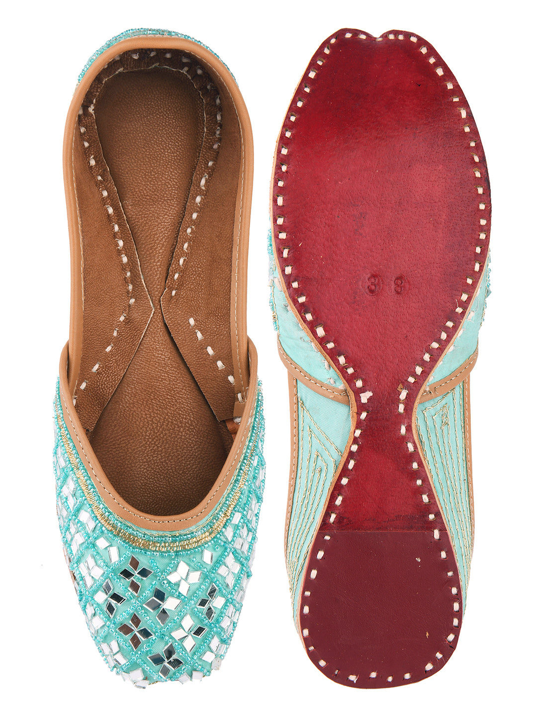 DESI COLOUR Women Sea Green Printed Leather Ethnic Mojaris Flats