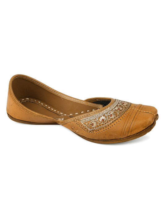 DESI COLOUR Women Tan Embellished Mojaris Flats