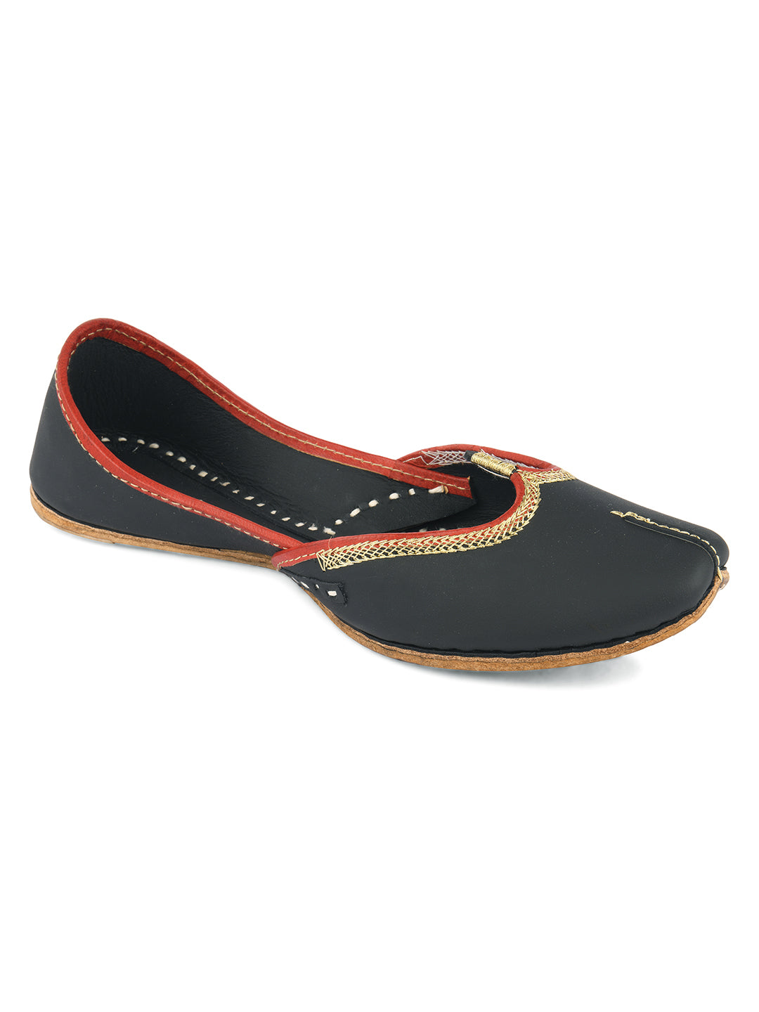 DESI COLOUR Women Black Embroidered Leather Ethnic Mojaris Flats