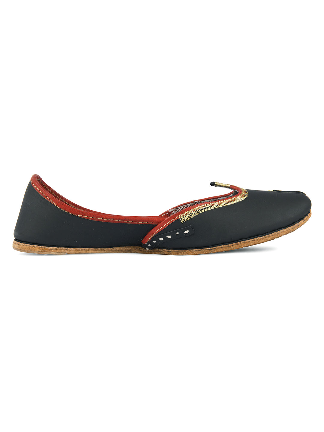 DESI COLOUR Women Black Embroidered Leather Ethnic Mojaris Flats