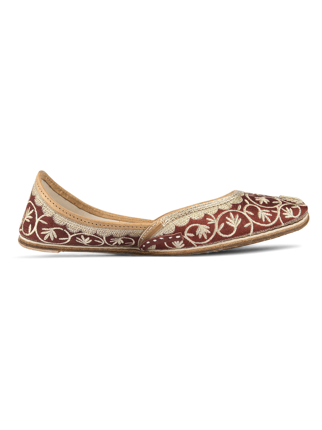 DESI COLOUR Women Maroon  Muted Gold-Toned Embroidered Leather Mojaris