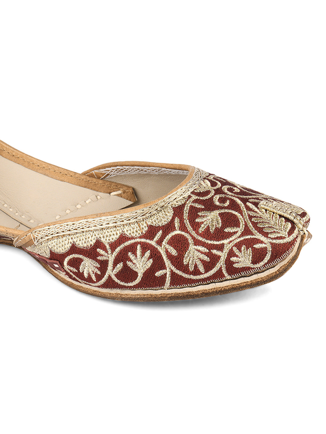 DESI COLOUR Women Maroon  Gold-Toned Hand Embroidered Mojaris